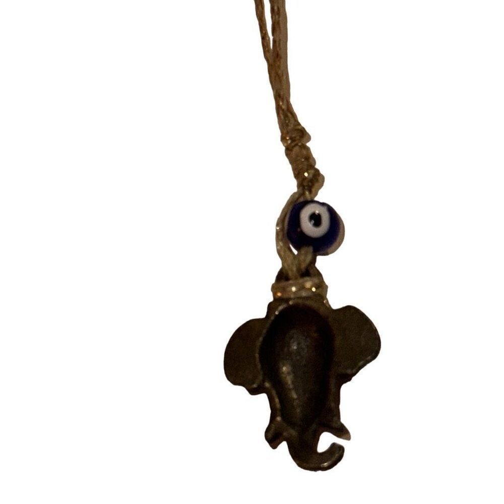 "New" Bronze Elephant Head Pendant Gold-tone Braided Cord Necklace Unisex OS